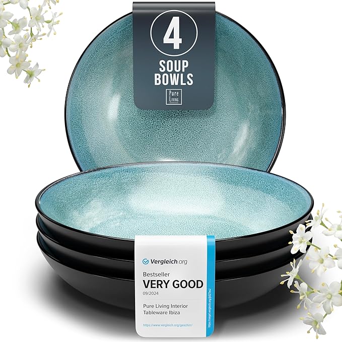 Stoneware pasta bowls set 4 pcs – 7.7" dark petrol blue ceramic plates & salad bowls – Dishwasher and microwave safe – Large soup bowls stylish set – Dinner service Pure Living