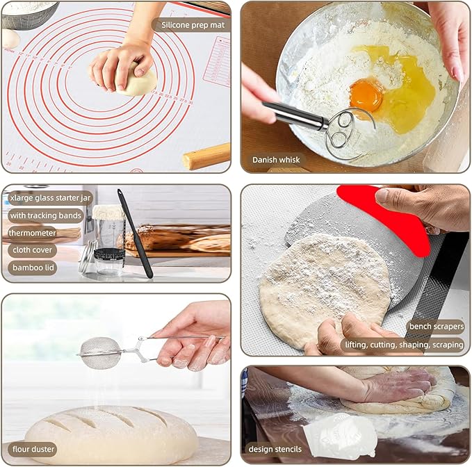 4 Color Complete sourdough bread makin Starter Kit,Sourdough Bread Baking Supplies for Beginner with Pot, Banneton Bread Proofing Baskets, Starter Jar, Scraper, Bread Making Tools & More (Red)