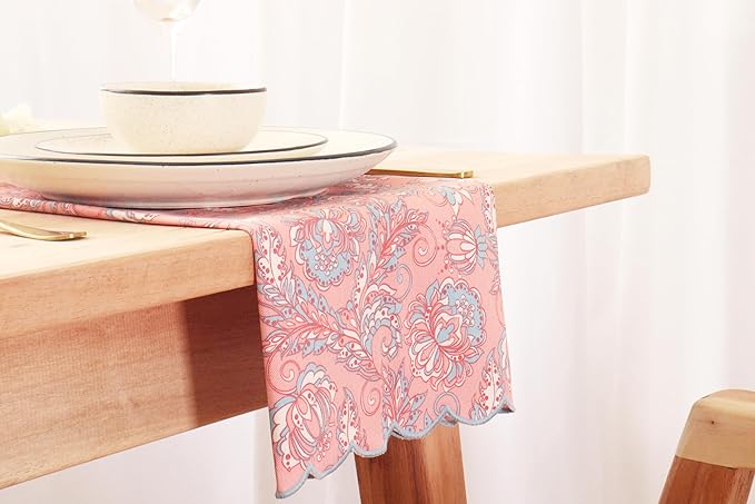 PurpleEssences Scalloped Embroidery Kalamkari Cloth Napkins Christmas Holiday Winter Table Decor 100% Cotton Set of 4-18 x 18 inch - Blush Pink Edges Light Blue