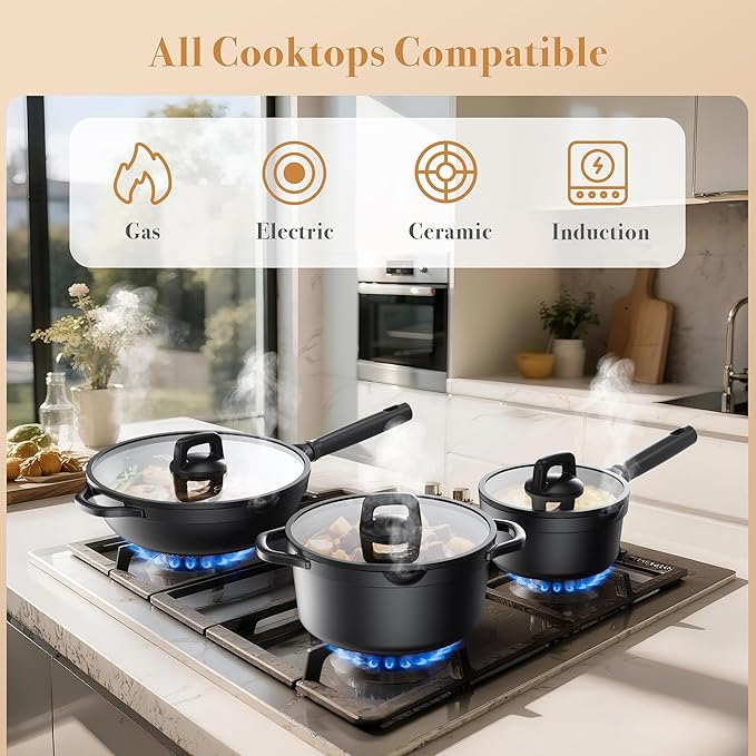 PekGema Nonstick Pots and Pans Set, Non Stick Cookware Set 14 Pcs, Induction Cooking Set with Pour Spouts and Oven Safe for Casserole, PFOA FREE, Classic Black