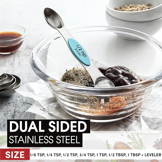 Spring Chef Stainless Steel Magnetic Measuring Spoons Set of 8 with Leveler, Metal Teaspoon & Tablespoon Measuring Spoons with Strong Magnets, Kitchen Gadgets for Baking & Cooking - 2 Pack - Aqua Sky