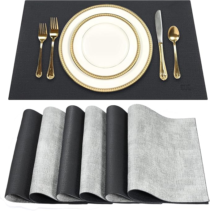 SUEH DESIGN Leather Placemats Set of 6 Reversible Table Mats Heat Resistant Waterproof No-Slip Place Mats for Dining Table Kitchen Parties