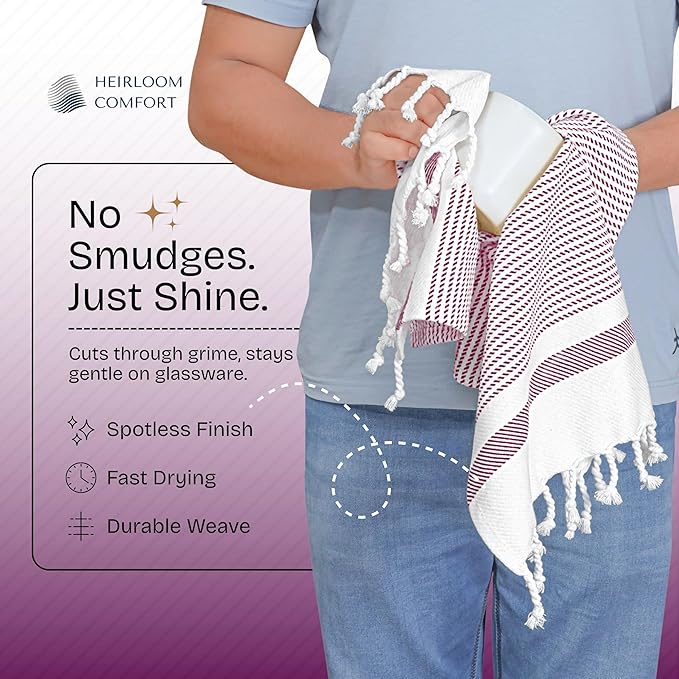 Burgundy Wine Turkish Kitchen Towels 16x26 Inch, 3 Pack, 100% Cotton, Ultra Absorbent, Soft, Fast Dry, Washable, Dish Towel with Tassels for Drying Dishes, Cleaning, Everyday Use