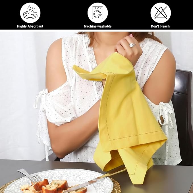 Bedding Craft Cotton Dinner Napkins Set of 12 – 18x18 Sand Yellow with Hemstitched Mitered Corners – Machine Washable Fabric Napkins for Thanksgiving, Weddings & Cocktails