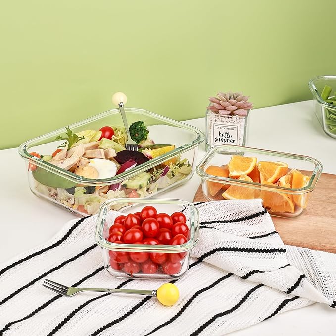 [8 Pack] Glass Meal Prep Containers with Lids, Extra Thick Airtight Glass Food Storage Set (5.1oz–51oz), Leakproof Lunch Boxes for Leftovers, Pantry Storage & Kitchen Organization, BPA-Free