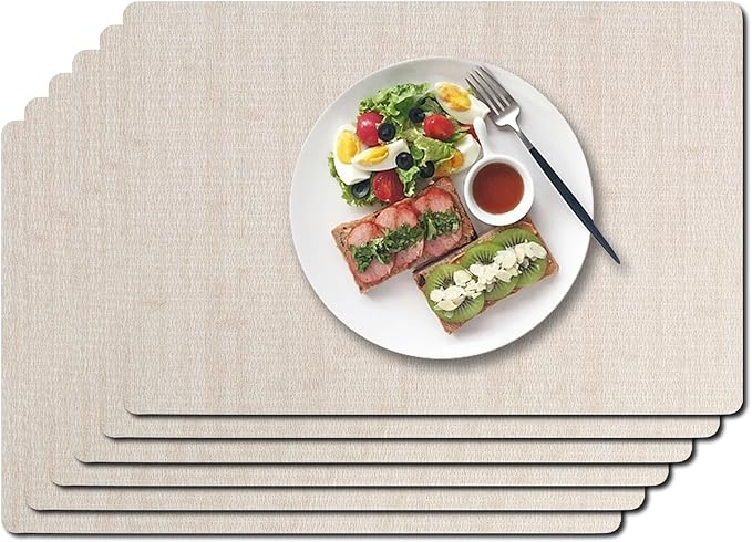Vinyl Placemats Set of 6-12×17.7 Inch Waterproof & Heattable Placemats, Fall Faux Leather Wipeable Outdoor Table Mat for Dining, Kitchen, Indoor Outdoor Use (Beige, Linen Texture)