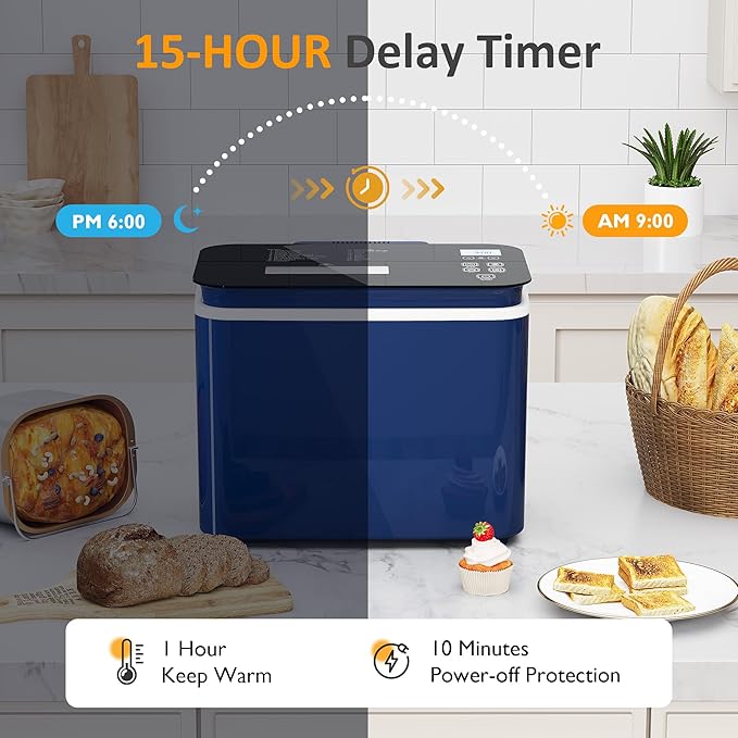 21-in-1 Programmable Bread Machine, 2.2LB Break Maker with Nonstick Pan & Digital Touch Panel, 3 Loaf Sizes 3 Crust Color, Keep Warm & 15H Timer, Bread Making Kit & Breakfast Maker, Blue