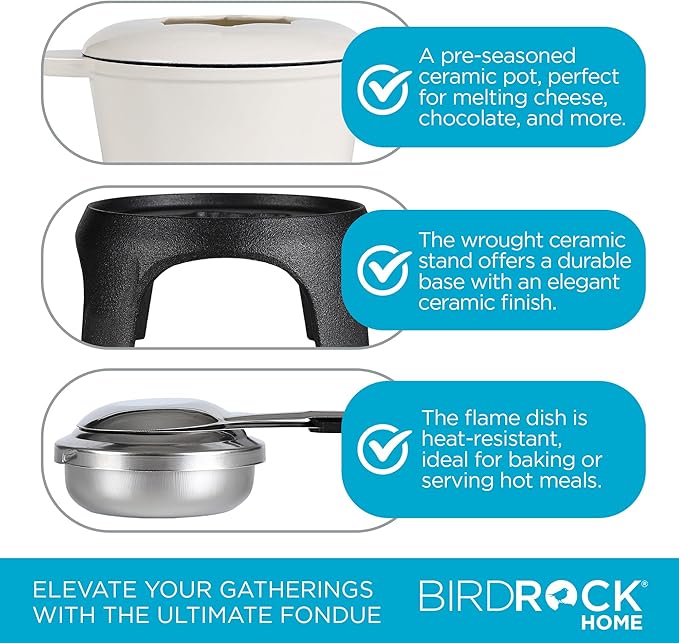 BIRDROCK HOME Cast Iron Fondue Pot Set | 8 Fondue Forks, Chrome Safety Burner | Chocolate, Cheese, Melting, Dip Warmer, Mini Fountain, Covered Strawberries | Wedding Gifts, Hosting Essentials | Cream