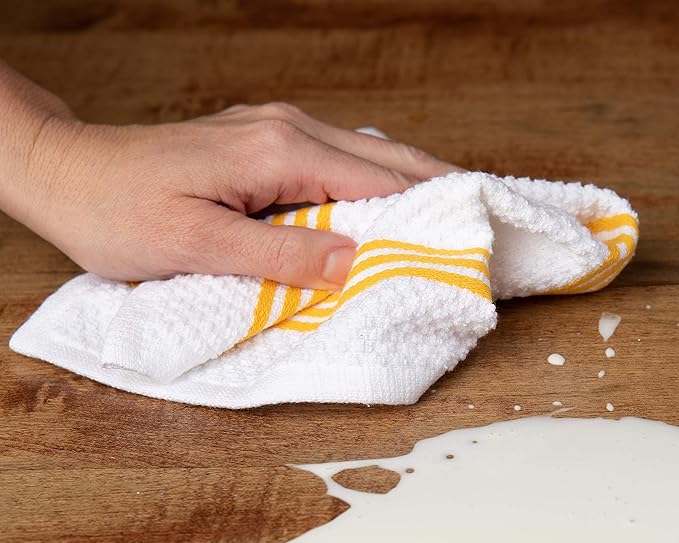 Sticky Toffee Cotton Dishcloths Set of 8 – Yellow and White Dish Towels 12x12 in, Reusable and Absorbent Tea Towels for Cleaning or Drying, Oeko-Tex Cotton