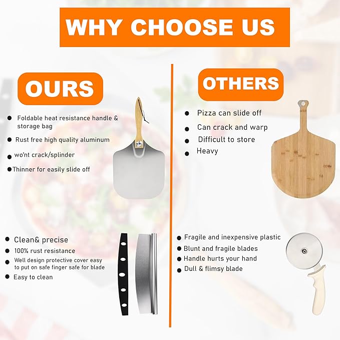 Aluminum Metal Pizza Peel (12" X 14"), Pizza Spatula with 14’’ Rocker Cutter, Pizza Paddle with Foldable Wooden Handle for Easy Storage, Pizza Spatula Paddle for Indoor & Outdoor Ovens