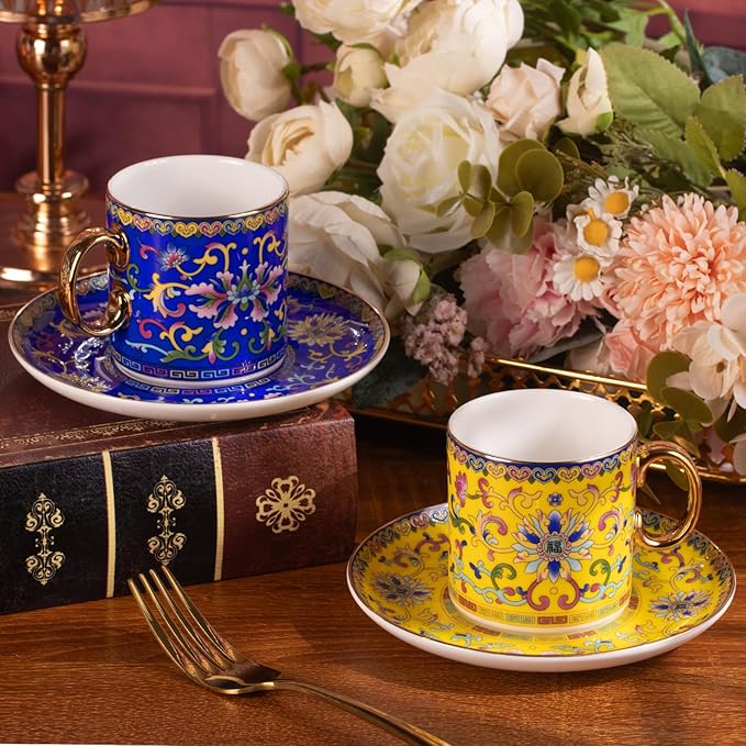 KAMMAK Tea Cups and Saucers Set of 2, Porcelain Coffee Cups with Saucer for Espresso, Cappuccino, 7oz Vintage Yellow and Blue Ceramic Demitasse Mug for Home, Tea Party, Office