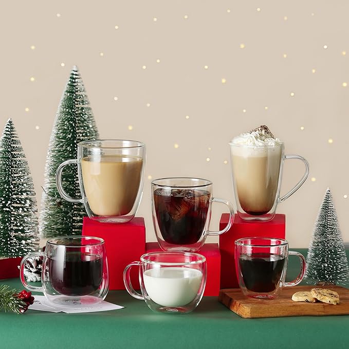 CNGLASS 8oz Double Wall Glass Coffee Mugs,Clear Insulated Espresso Glass Mugs with Handle for Latte,Cappuccino,Coffee,Set of 4