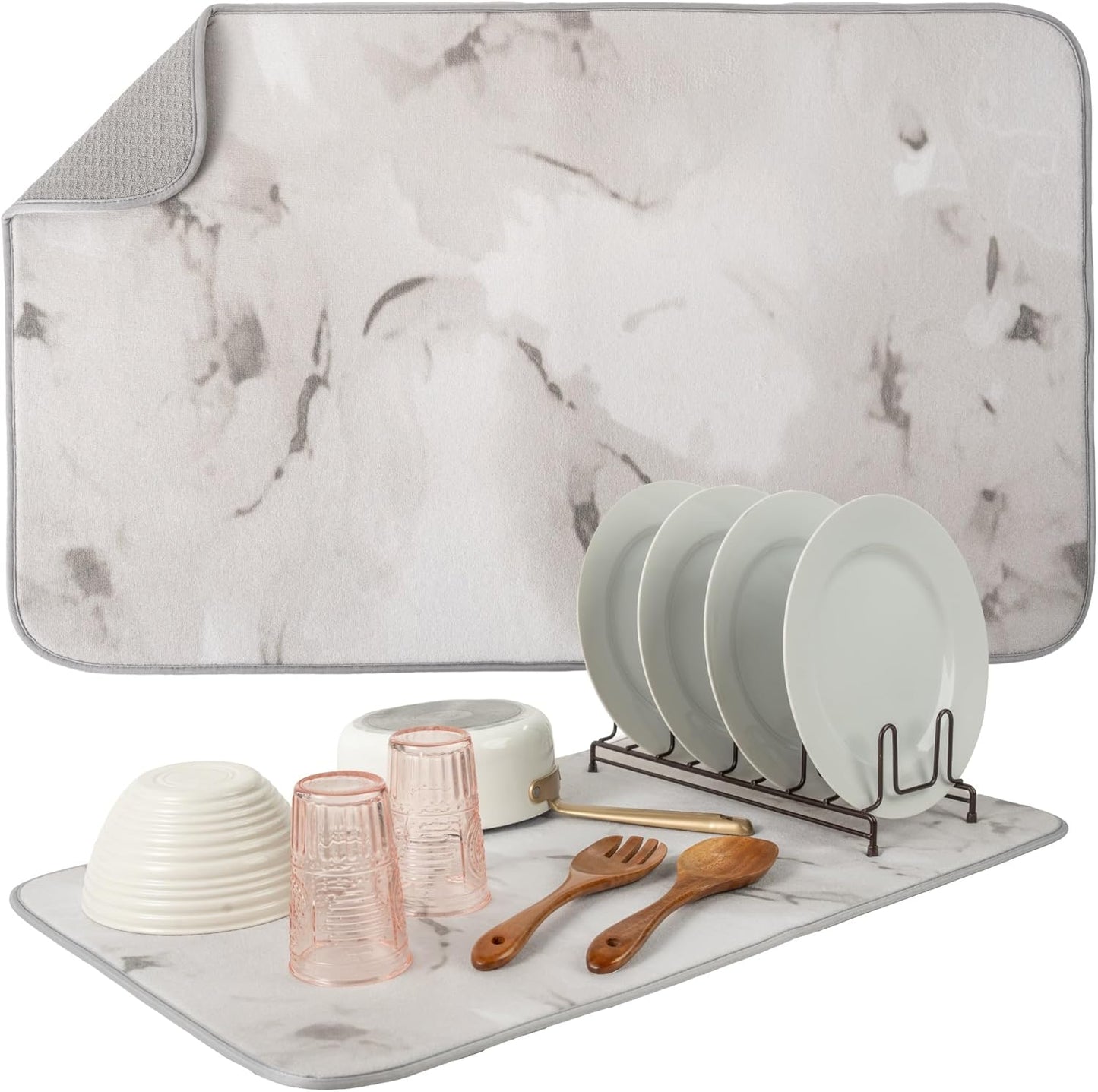 S&T INC. Dish Drying Mat Jumbo, 18” x 30”, Absorbent Microfiber Kitchen Counter Mat, Dish Drying Pad for Dishes, Utensils, Pots and Pans, Jumbo, Grey Stone