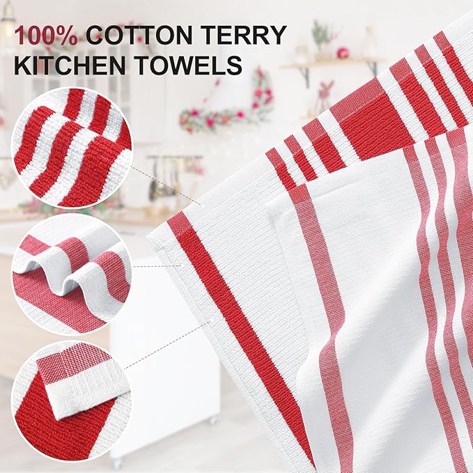 Homaxy Premium Kitchen Towels 18”x 28”, Large Cotton 380 GSM Kitchen Hand Towels, Stripe and Terry Dish Towel, Highly Absorbent Tea Towel Set with Hanging Loop, 8 Pack, Red