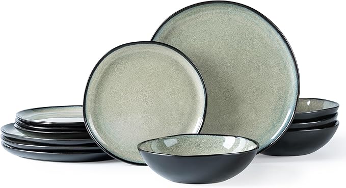 AmorArc Ceramic Dinnerware Sets,Handmade Reactive Glaze Stoneware Plates and Bowls Set,Highly Chip and Crack Resistant | Dishwasher & Microwave Safe Dishes Set,Service for 4 (12pc)