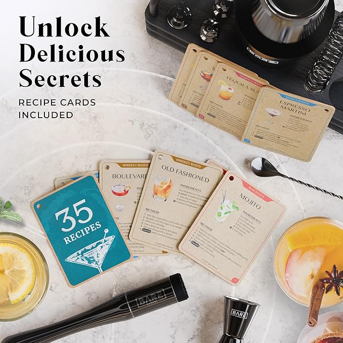 BARE BARREL® Mixology Bartender Kit Bar Set | 14-Piece Cocktail Shaker Set | Martini Barware Mixing Tools for Home Bartending | 35 Recipe Cards | Gift Set (28oz Boston Shaker, Jet Black/Black)