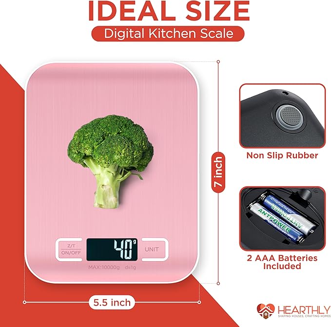 Food Scale, Digital Kitchen Scale for Cooking and Baking, Batteries Included, Weighs up to 22 pounds, Kitchen Scales Digital Weight Grams and Ounces, 304 Stainless Steel - Pink