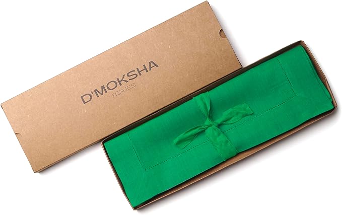 D'Moksha Homes Linen Placemats Set of 4 - Classic Hemstitch Kelly Green Placemats 14 x 19 Inch - 100% Pure Linen Table Mats for Thanksgiving, Christmas, Holiday - Handcrafted and Machine Washable