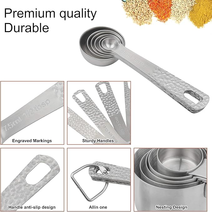 Smithcraft Measuring Cups and Spoons Set 14, 18/8 Stainless Steel Measuring Cups and spoons for Baking & Kitchen, Metal Metric&US 5 Measure Cups and 6 Spoon &Leveler&Measure Equivalents for Dry&Liquid