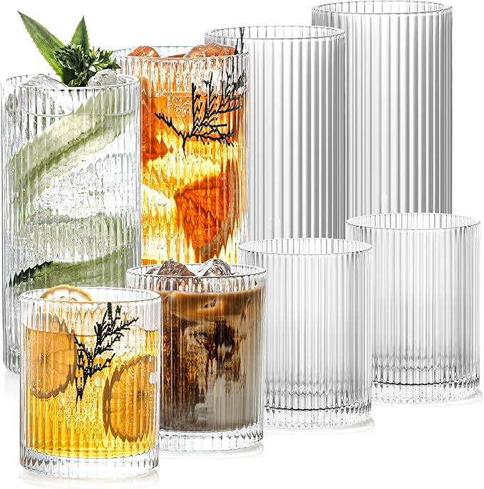 Set of 8 Ribbed Glassware, 4 Large Glasses 13 oz, 4 Rocks Glass Cups 10 oz