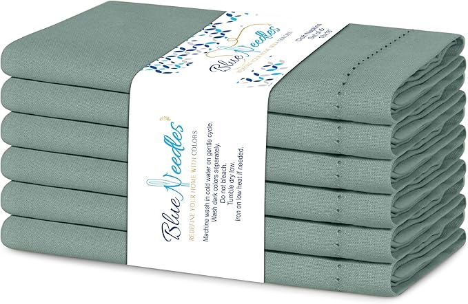 Blue Needles Set of 6 Hemstitch Linen Napkins 100% Cotton Hunter Green Cloth Dinner Napkins 18x18 inches, Soft, Reusable, Absorbent, Washable, Ideal for Fall Thanksgiving Events Parties & Everyday Use
