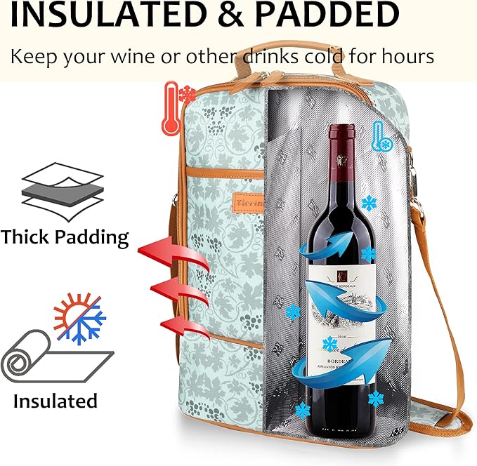 Tirrinia 2 Bottle Insulated Wine Tote Bag - Wine Tumbler Glass Cooler Carrier for BYOB Restaurants, Travel, Park, Beach - Blue & White Strap