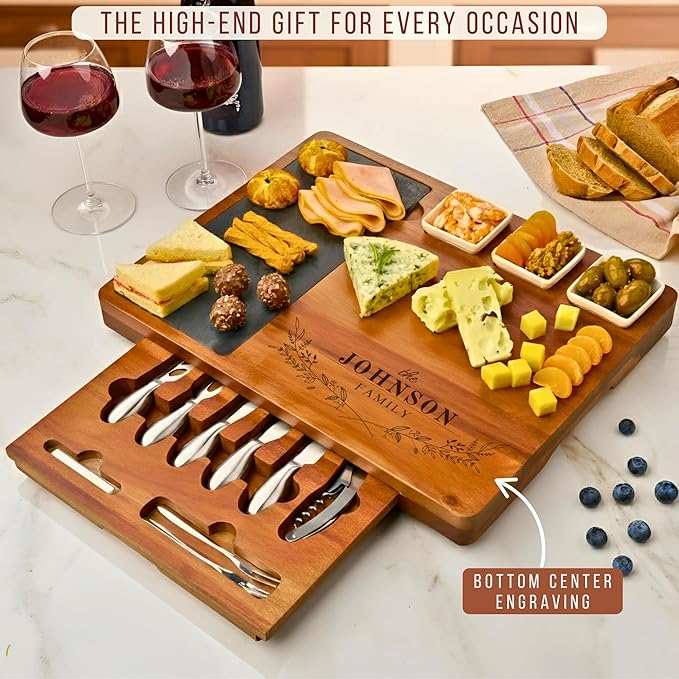 Personalized Acacia Wood Charcuterie Board Set with Stainless Steel Knives – Custom Cheese Board Gift for Wedding, Christmas, Housewarming, Bridal Shower, Anniversary, Women and Couples, Gifts for Her