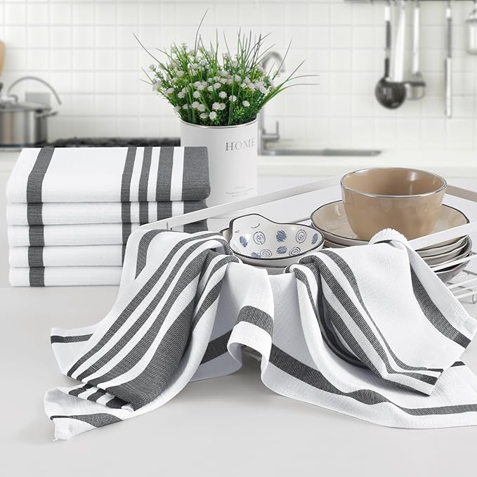 Homaxy Premium Kitchen Towels 18”x 28”, Large Cotton 380 GSM Kitchen Hand Towels, Stripe and Terry Dish Towel, Highly Absorbent Tea Towel Set with Hanging Loop, 8 Pack, Black