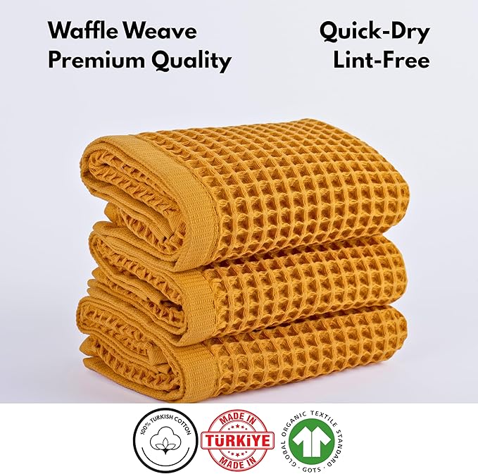 PÜSKÜL Organic Waffle Kitchen Towel 100% Turkish Cotton Set of 3 Mustard Yellow - Premium Quality, Soft, Quick-Dry, Absorbent, Lint-Free Hand Towels 32X16 Inches (3, Mustrad Yellow)