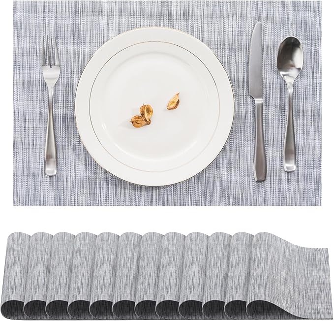BACKTOEDEN Placemats Set of 12 Heat Resistant Washable Wipeable Placemats Woven Non-Slip Foldable Vinyl/Plastic Placemat Indoor/Outdoor Place Mats Kitchen Dining, Gray Silver Line