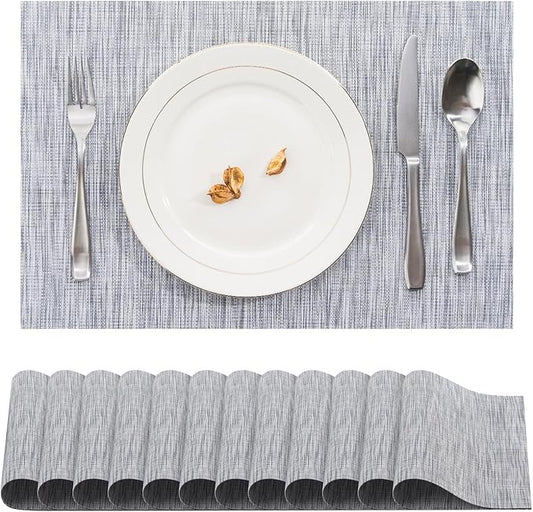 BACKTOEDEN Placemats Set of 12 Heat Resistant Washable Wipeable Placemats Woven Non-Slip Foldable Vinyl/Plastic Placemat Indoor/Outdoor Place Mats Kitchen Dining, Gray Silver Line