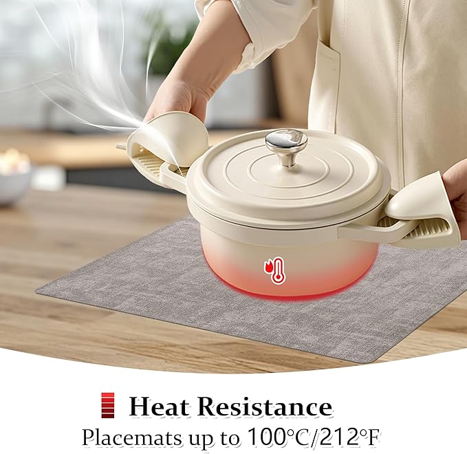 FROMHEART Faux Leather Placemats Set of 6–Waterproof,Heat/Oil Stain-Resistant PU Table Mat–Reversible,Non-Slip,Easy to Clean Place Mats for Kitchen,Dining,Indoor/Outdoor,(Light Grey,11.8" x 17")