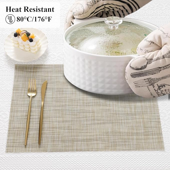 SHACOS Placemats Set of 6 Woven Vinyl Place Mats Wipeable Heat Resistant Stain Resistant Table Mats Indoor Outdoor, Beige