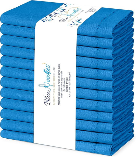 Blue Needles Set of 12 Hemstitch Linen Napkins 100% Cotton Royal Blue Cloth Dinner Napkins 18x18 inches, Soft, Reusable, Absorbent, Washable, Ideal for Fall Thanksgiving Events, Parties & Everyday Use
