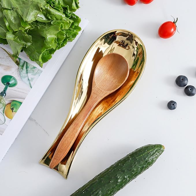 Spoon Rest for Kitchen Counter and Stove Top, Hasense Porcelain Spoon Holder for Ladle Spatula and Tong, Large Cooking Utensil Rest for Home Kitchen and Coffee Bar Decoration, Gold