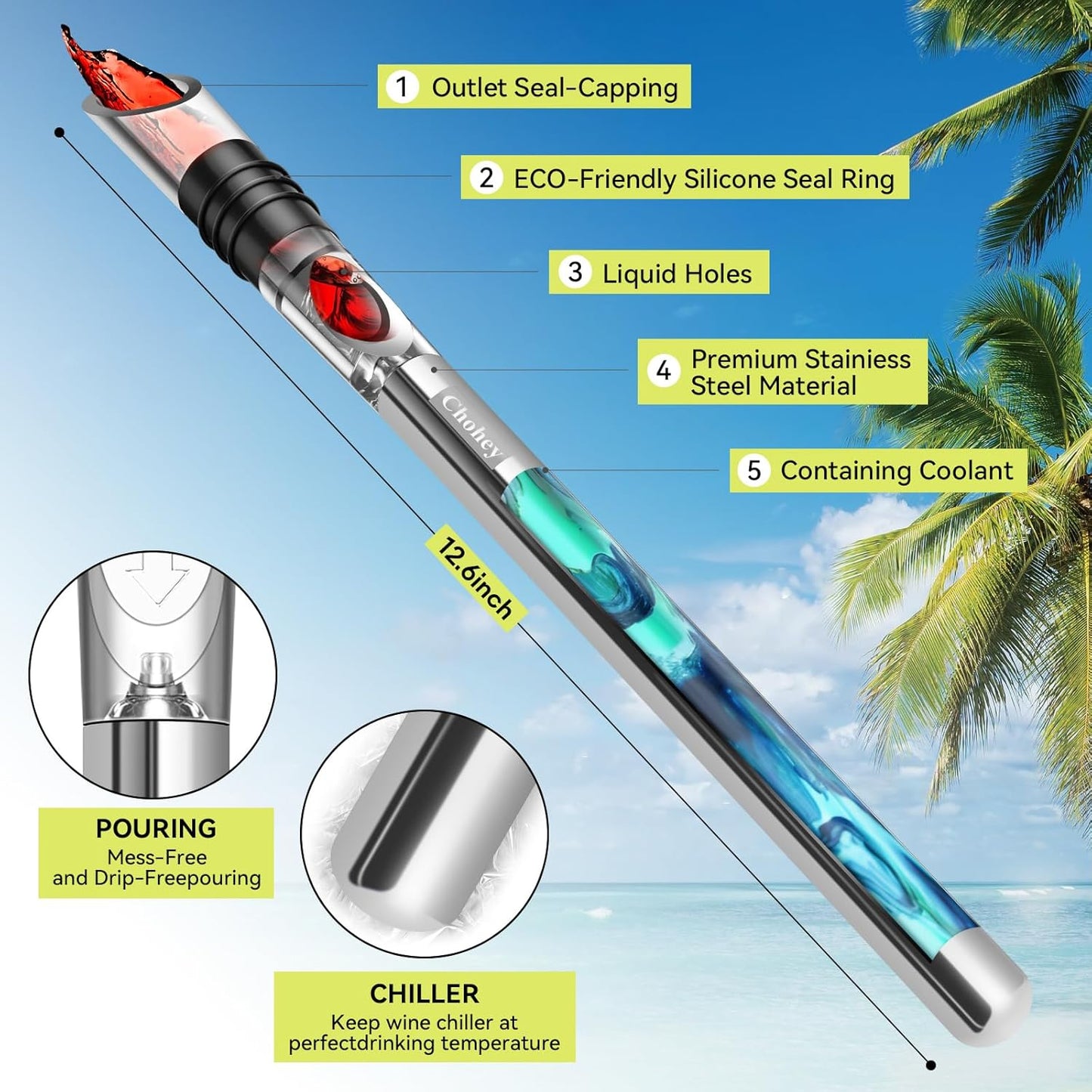 Wine Chiller - Wine Cooler Stick, 3 in 1 Stainless Steel Wine Bottle Chiller with Aerator and Pourer, The Best Holiday Gifts.