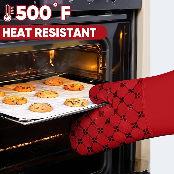 Oven Mitts Kitchen Towels Dishcloths with Pot Holders Sets 12PCS, Dish Towels Sets, Oven Gloves Pot Pads Heat Resistant 500 Degrees with Non-Slip Silicone Surface for Cooking Baking Grilling Red