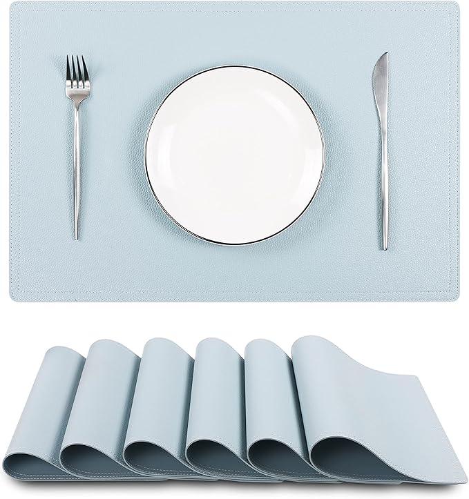 Faux Leather Placemats, PU Table Mats, Set of 6, Waterproof, Stain Resistant, Heat Resistant, Non-Slip Easy to Clean for Kitchen Dining Table,Conference Table C Teal Blue