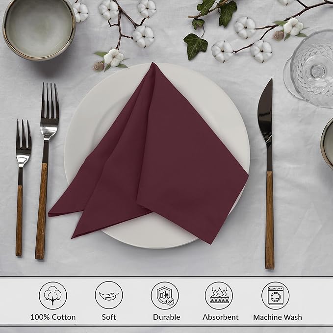 Ruvanti Cloth Napkins Set of 6, 18x18 Inches, 100% Cotton, Washable, Soft & Absorbent, Perfect for Wedding, Christmas, ‎Thanksgiving Dinners - Burgundy