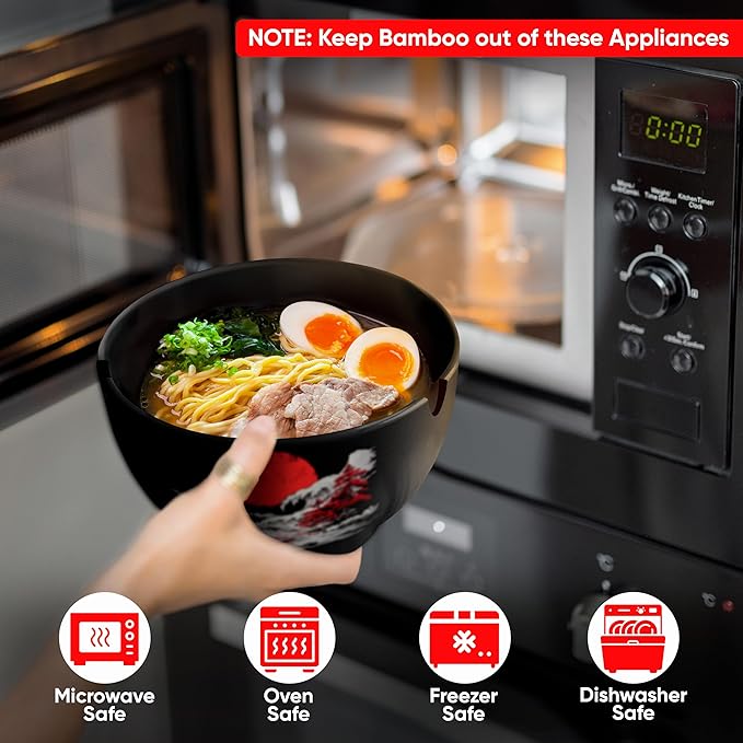Japanese Ramen Bowl Set of 1-5 Pcs, 32 Oz Ceramic Microwaveable & Dishwasher Safe Large Noodle Bowl with Lid & Built-In Chopstick Holder, Pho, Udon, Thai, Korean, Rice - 6.5 Inch