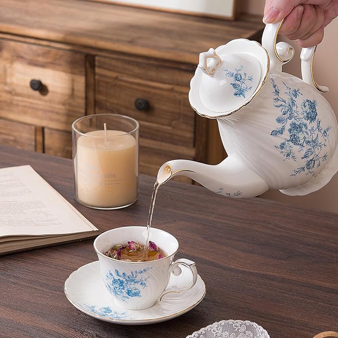 tea cups and saucers ceramic coffee mug 6oz for Coffee, Latte, Cafe Mocha and Tea-Set of 4,Blue