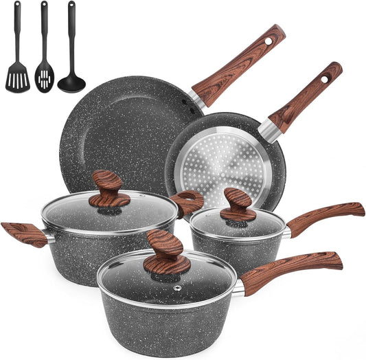 Granite Pots and Pans Set Non Stick, 11 Piece Die-Cast Induction Cookware Set, Nonstick Kitchen Cooking Set w/Frying Pans & Saucepans(PFOS,PFOA,PFAS,PTFE Free)