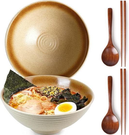NUTRIUPS 8 Inch Ceramic Ramen Bowl Set of 2 Pho Bowls Japanese Noodle Udon Soup Bowls with Spoons and Chopsticks (Wheat Gold)