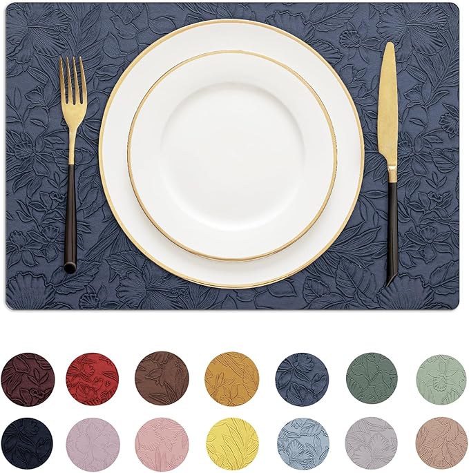 Romanstile Vinyl Placemats Set of 4-12 X 18 Inch - Heat Resistant Non-Slip Embossed Floral Place Mats 100% Waterproof Oilproof Wipeable Faux Leather Table Mats for Kitchen/Dining/Party, Navy Blue