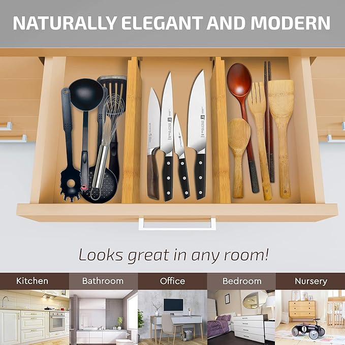 4 Pack Drawer Divider - Bamboo 2.6" High, 12.5-17" Adjustable Drawer Organizers for Clothes, Expandable Dresser Separators in Bedroom, Bathroom, Kitchen, Office Organization and Storage