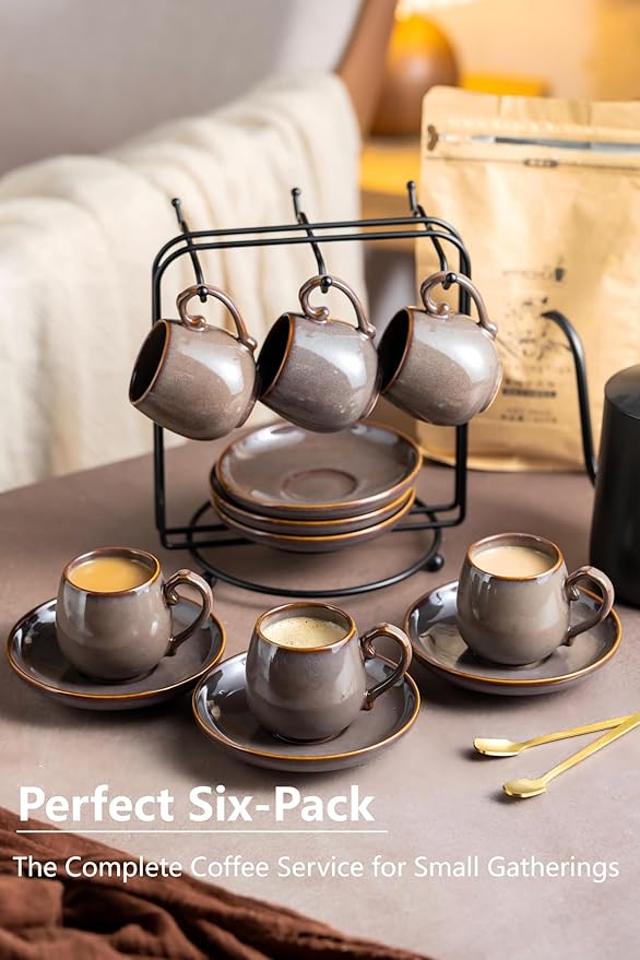 LYEOBOH 3 Ounce Espresso Cups and Saucers Set of 6, Ceramic Small Coffee Cups with Metal Holder and Spoons, Cute Demitasse Cups for Tea, Espresso, Latte, Cafe Mocha, Brown