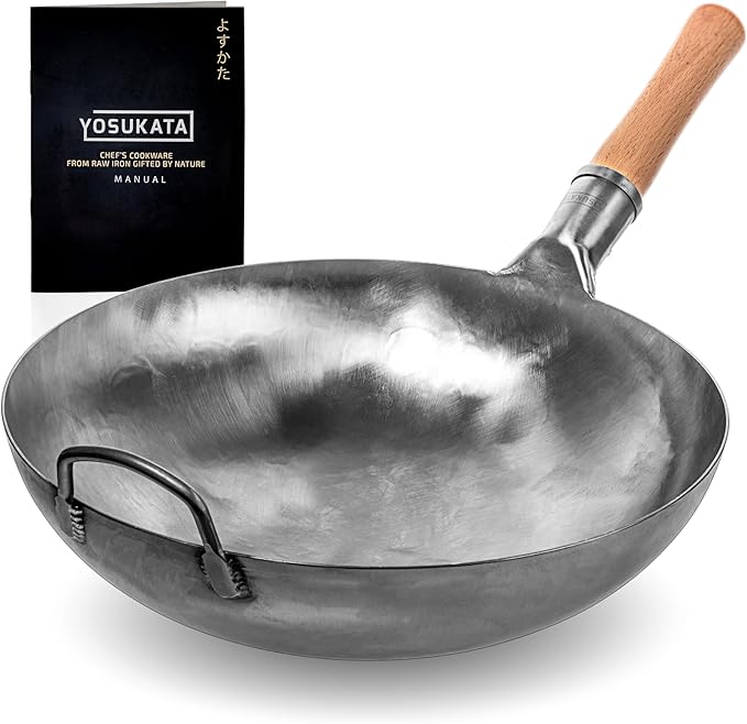 YOSUKATA 14” Round Bottom Carbon Steel Woks and Stir Fry Pans – Unseasoned Pow Wok for Stir Fry, BBQ & Camping – Hand-Hammered Traditional Japanese and Chinese Pan – Gas Stove, Open Fire Only