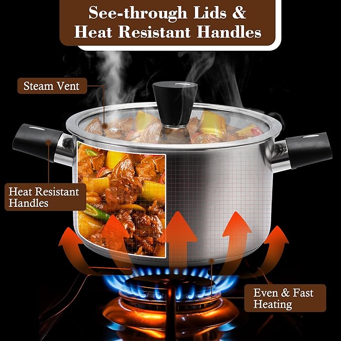 6-Piece Stainless Steel Pots and Pans Set, Kitchen Cookware Set with Stay-Cool Handles Compatible with Gas, Electric & Induction, Dishwasher Safe, Non-Toxic & Durable for Everyday Cooking