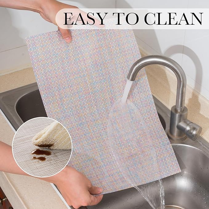 BACKTOEDEN Placemats Set of 6 Heat Resistant Washable Wipeable Placemat Woven Non-Slip Foldable Vinyl/Plastic Place Mats Indoor/Outdoor Mat Kitchen Dining Table Pad, Bright Silk Colorful