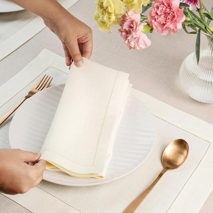 D'Moksha Homes Ivory Linen Napkins Set of 8 - Classic Hemstitch 100% Pure Linen Hemstitch Dinner Napkins 20 x 20 Inch for Fall, Thanksgiving, Christmas, Holiday - Handcrafted and Machine Washable